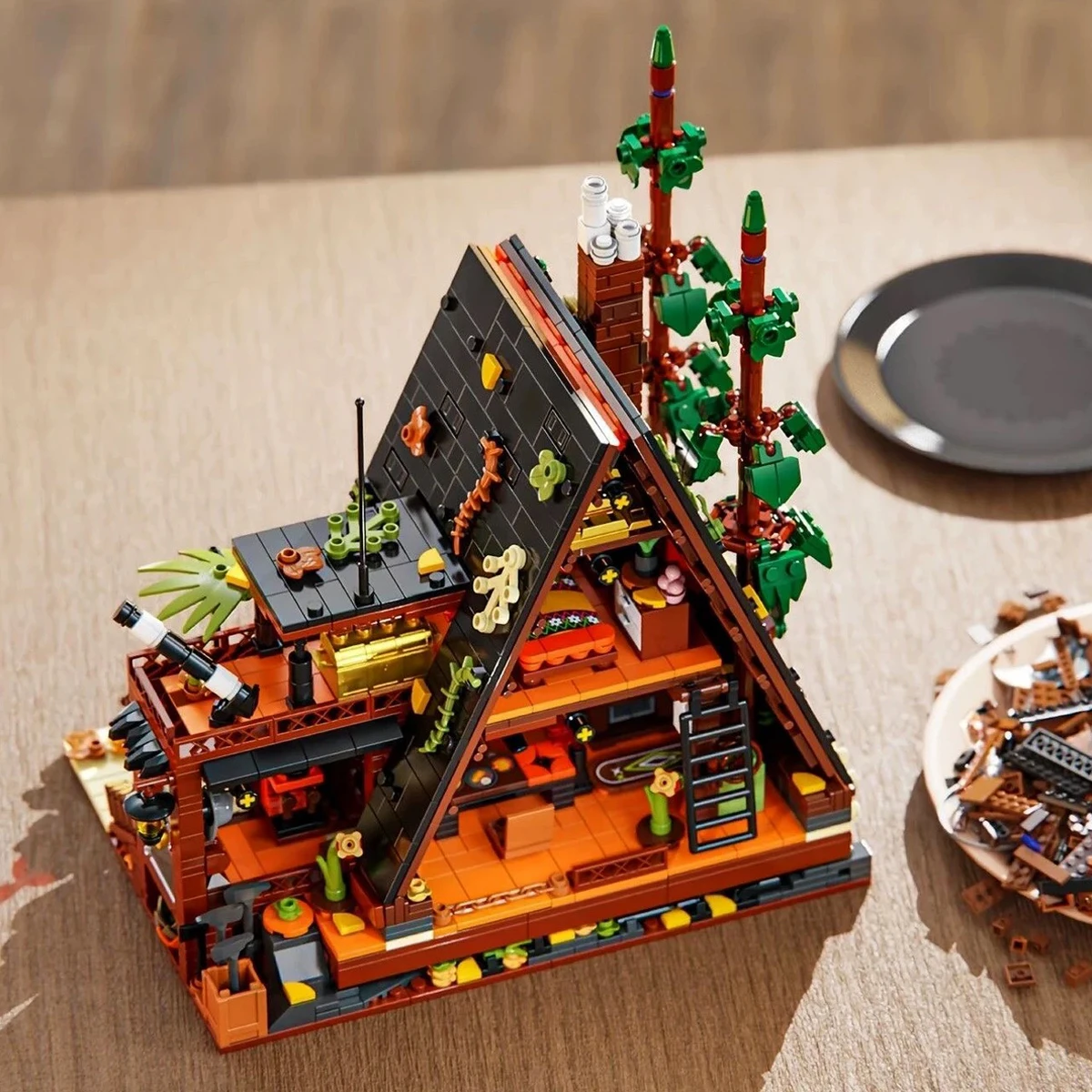 Street View forêt Triangle maison modèle blocs de construction ville forêt cabine en bois briques jouets pour enfant cadeaux d'anniversaire avec LED