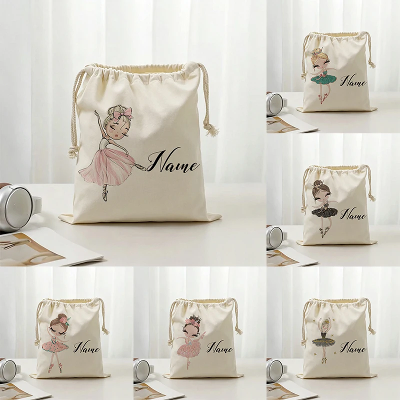 Personalized Ballet Drawstring Bags Custom Logos Ballerinas Cute Girl Dancing Storage Gifts Travel Makeup Pouches for Girls Kids