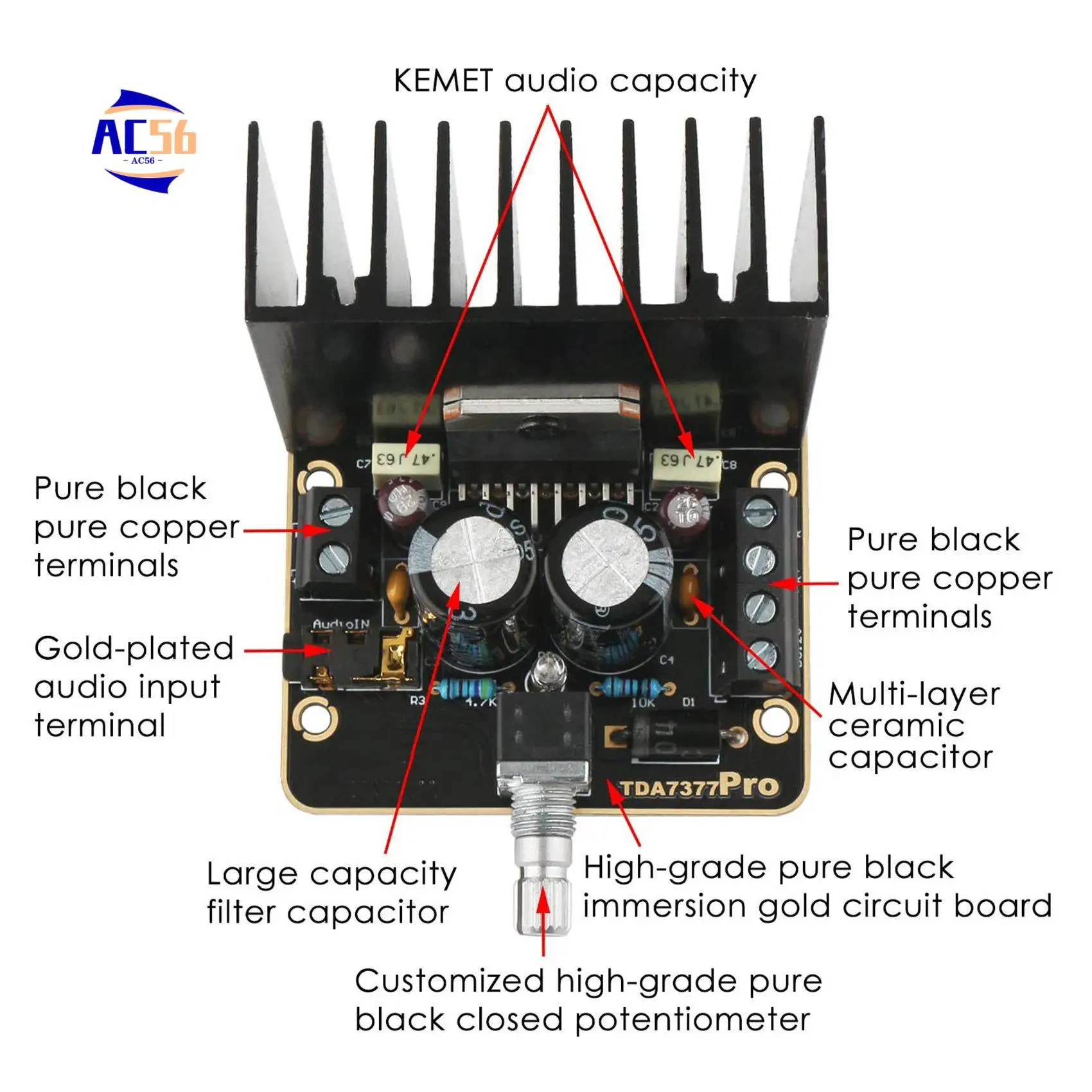 

AC56-Power Amplifier Board,30W+30W Dual Channel 2.0 Audio Amplifier Kit Class AB DC 12V Digital Stereo Amp Module TDA7377
