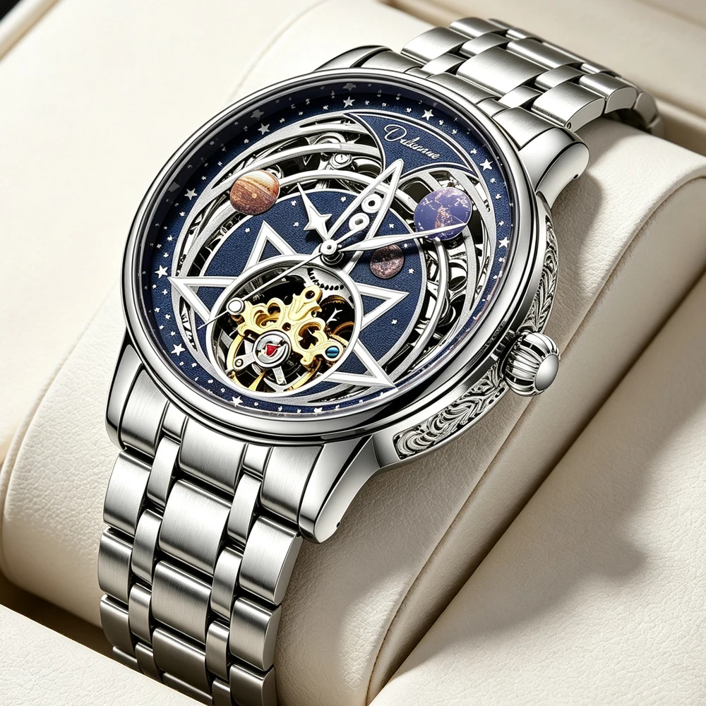 Luxury Watch Engraving - นาฬิกาข้อมือผู้ชายระบบอัตโนมัติ หน้าปัดลายท้องฟ้าเต็มไปด้วยดวงดาวและดาวเคราะห์ ตัวเรือนแบบโปร่งลายสลัก ตัวเรือนสแตนเลสสตีล นาฬิกาหรูสำหรับผู้ชาย