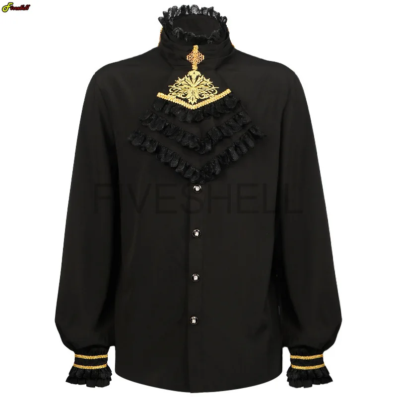 Medieval Costumes Men\'s Shirts Turtlenecks Vintage Bandage Victorian Ruffles Gothic Male Jabot Blouse Tops Groom Casual Outfit