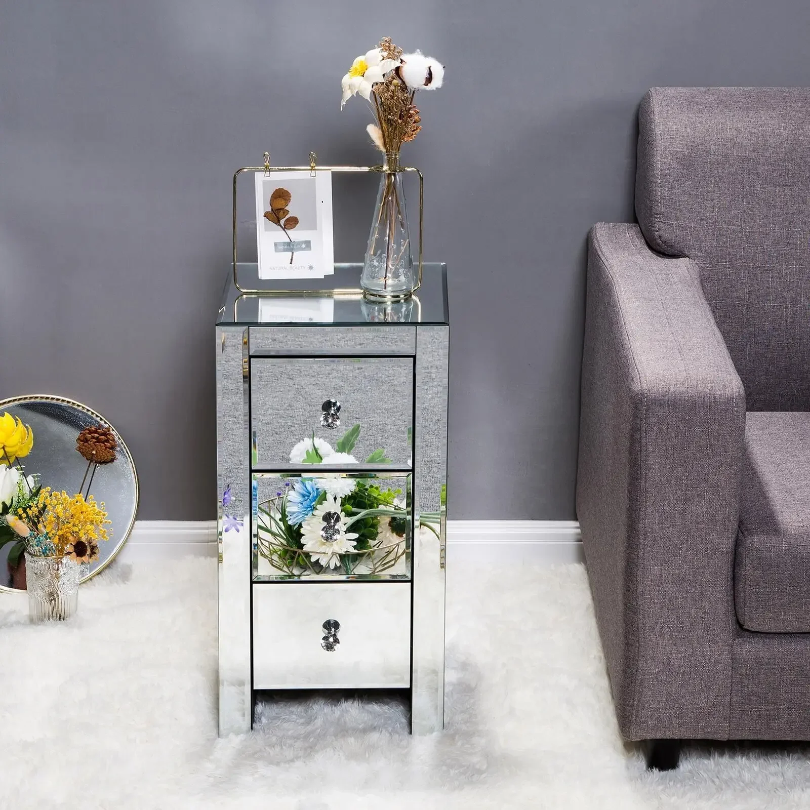 3-Drawer Nightstand Mirrored End Table Side Table for Bedroom Bedside Table