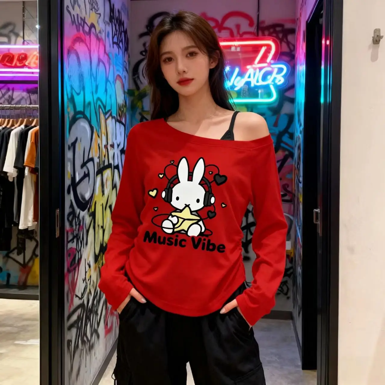 Женская футболка Miffy с открытыми плечами и длинными рукавами весной и осенью, облегающая белая и универсальная короткая футболка с нижним слоем