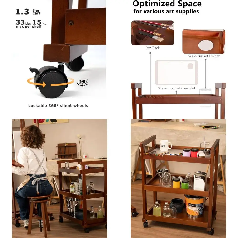 

Тележка для художественных принадлежностей из орехового дерева на колесиках - Органайзер для художников и взрослых