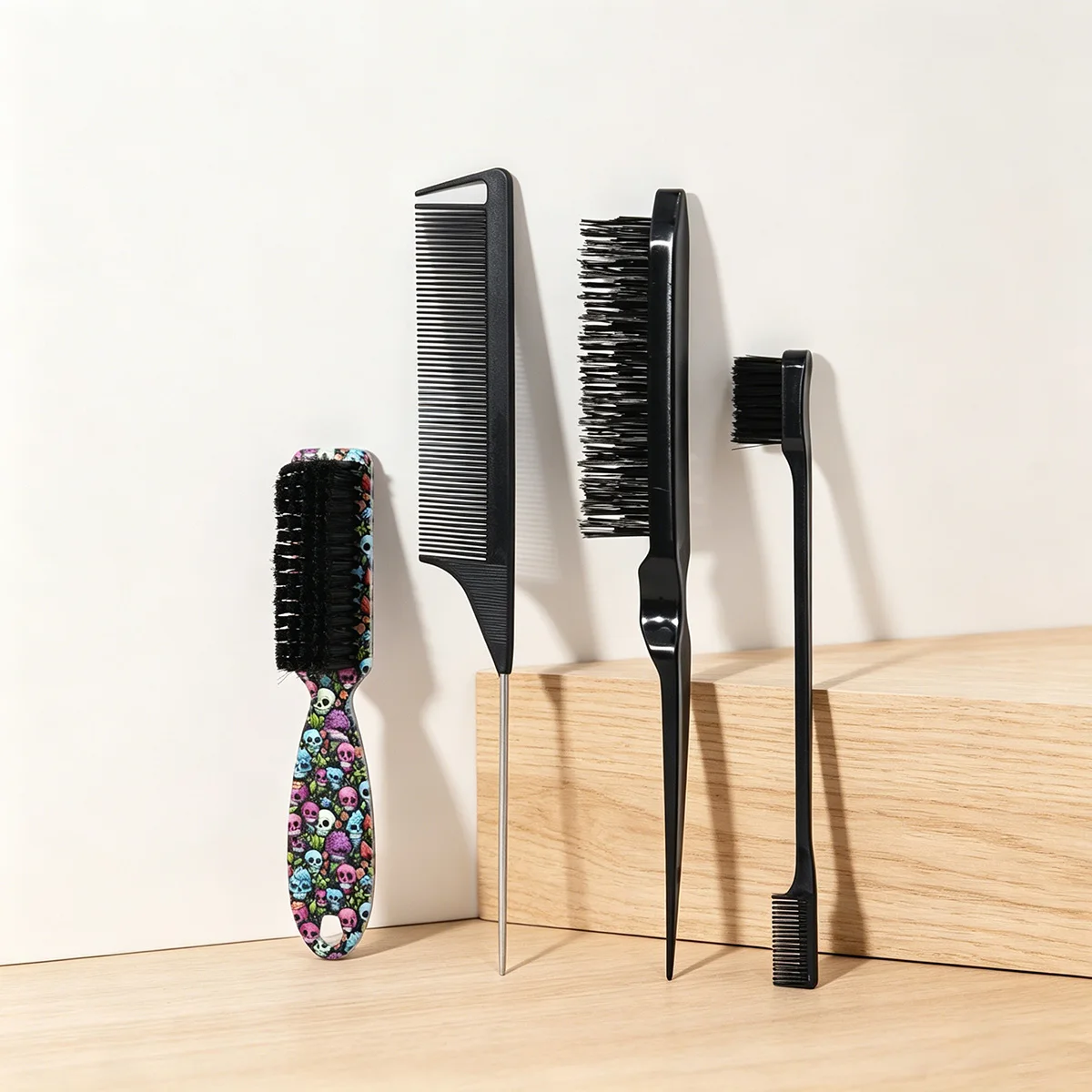 4-pcs styling comb set, skull pattern cleaning brush, edge control hair brush, pointed tail comb, Suitable for all hair types