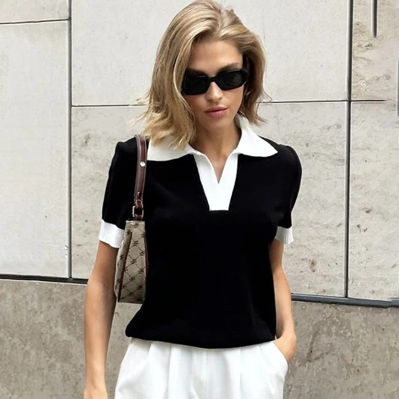 

Talenza Women's Summer T-Shirts Fashion Collar Contrast Ribbed Patchwork Knit Pullover New Casual Commuter Streetwear Knit Top