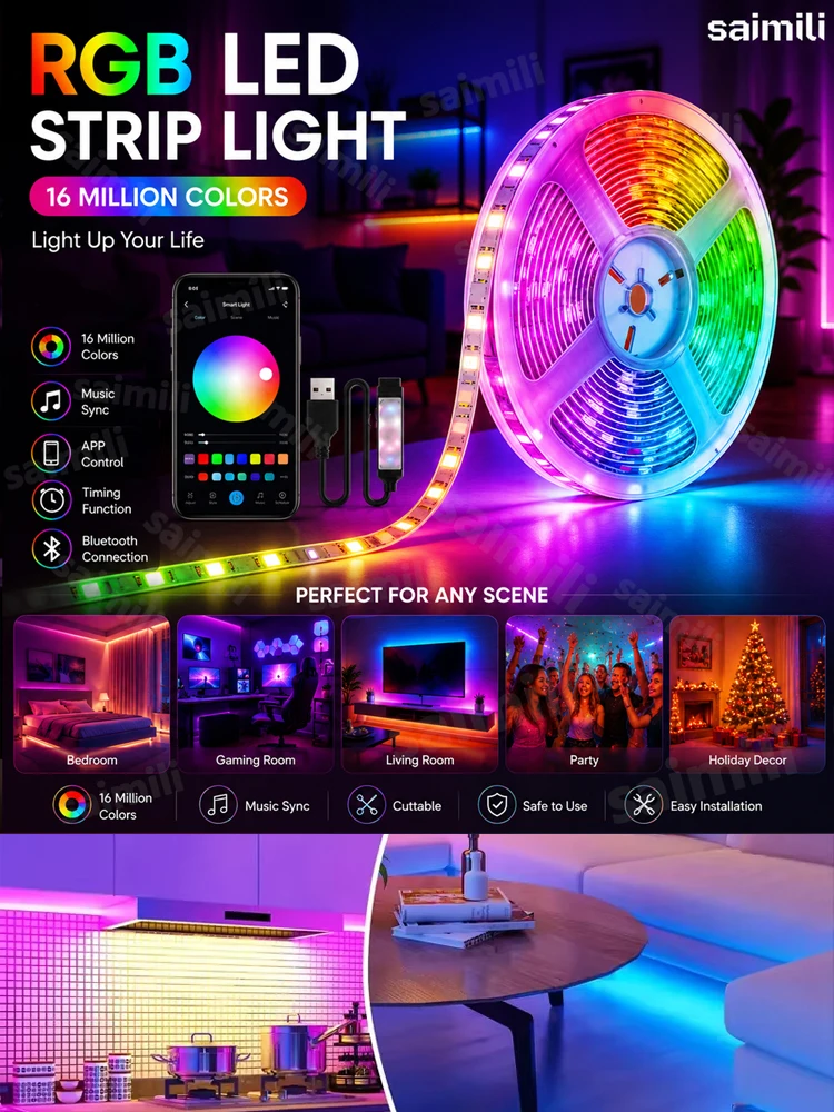 Inteligentna taśma LED RGB USB, elastyczna, sterowana aplikacją, synchronizacja z muzyką, ściemnialna, do dekoracji tła TV, pokoju gier, oświetlenie. — 2