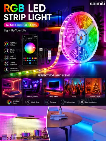 Smart USB RGB LED Tape Light Flexible Ribbon APP Controlled Music Sync Dimmable Strip for TV Background Game Room Decor Lighting