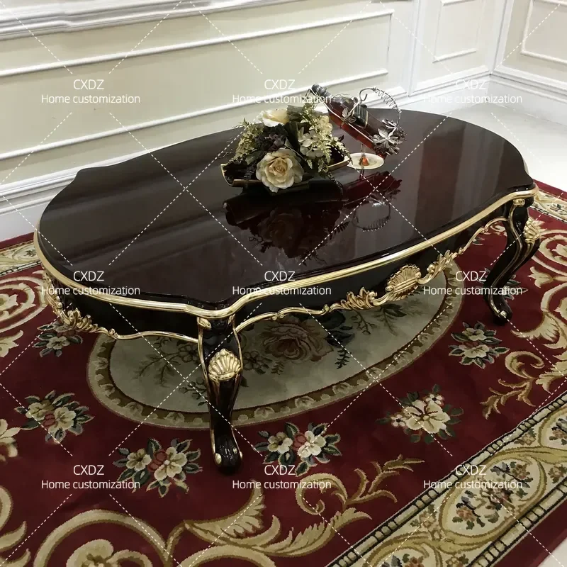 Solid Wood Oval Coffee Table Large Carved Luxury Tea Table for Living Room Villa or Small Apartment Home Furniture