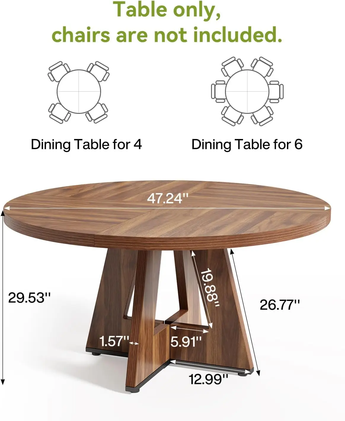 Mesa de jantar redonda para 4-6 pessoas, mesa de sala de jantar de 47 polegadas com base de pedestal de madeira, mesa de jantar marrom, cozinha circular