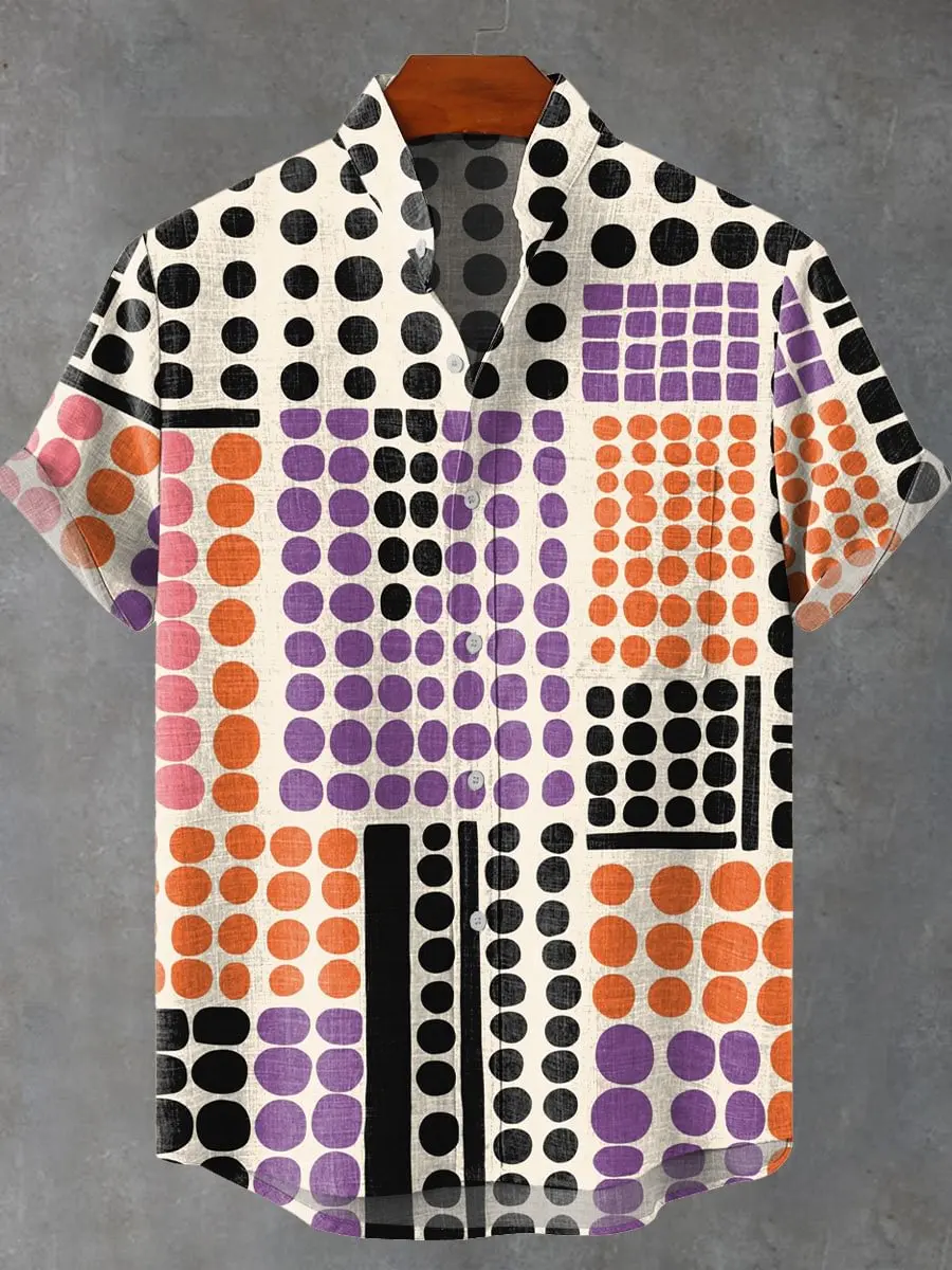 

Men's Vintage Geometric Striped Casual Linen Shirt High Quality Men's Short Sleeve Shirt New Series Top