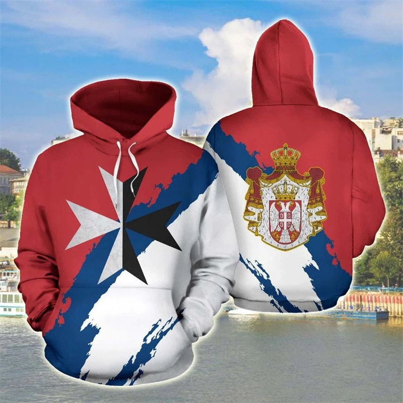 3D bendera Serbia cetak hoodie untuk pria lambang grafis berkerudung Fashion anak keren pullover musim dingin Streetwear pakaian atas