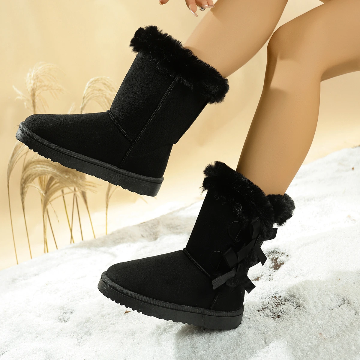 الشتاء النساء منتصف العجل الأحذية الاتجاه أفخم سميكة وحيد الثلوج الأحذية موضة بلون زر أحذية دافئة للنساء أحذية طويلة كلاسيكية #3