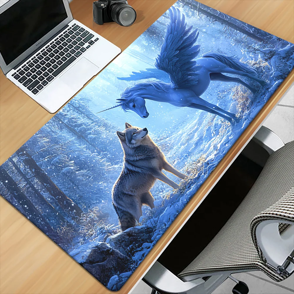 Wolf and Flying Blue Unicorn Winter Forest Desk Mat Large Gaming Mouse Pad Non-Slip Rubber
