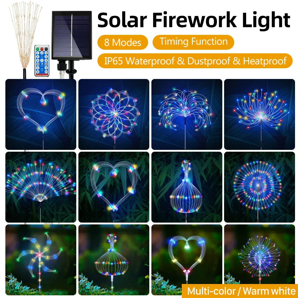 4PCS 120 LED Outdoor Solar Fireworks Lights Garden Lamp 8 Modes Landscape Light with Remote DIY Path Lawn Decor Warm white