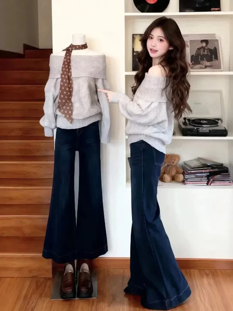 

plus Size oulder Bared Knitted Sweater Women's Loose Long Sve Pullover Beautiful Top Retro Sle Commute Friendly Korean...