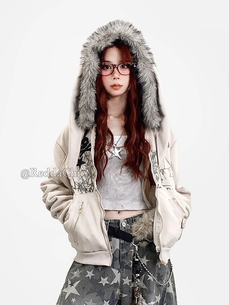 REDDACHiC Esthetische Zip Up Grafische Hoodies Jas Bunny Oor Fuzzy Capuchon Fleece Gevoerde Oversized Top Harajuku Y2k Vrouwen Kleding