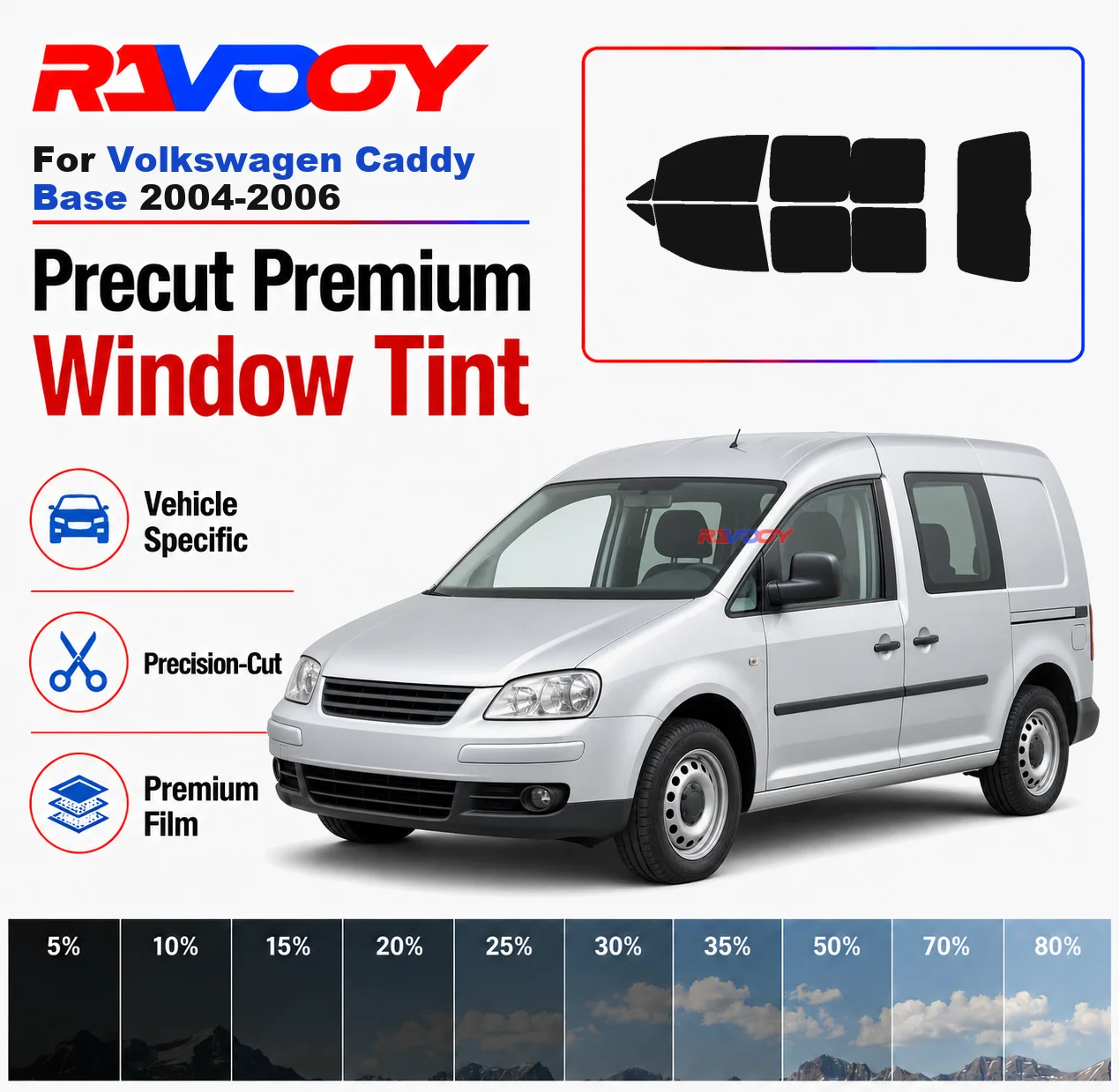 

Premium Precut Window Tint Kit Front Windows Rear Windows Rear Windshield For Volkswagen Caddy Base 2004-2006 Nano Ceramic Film