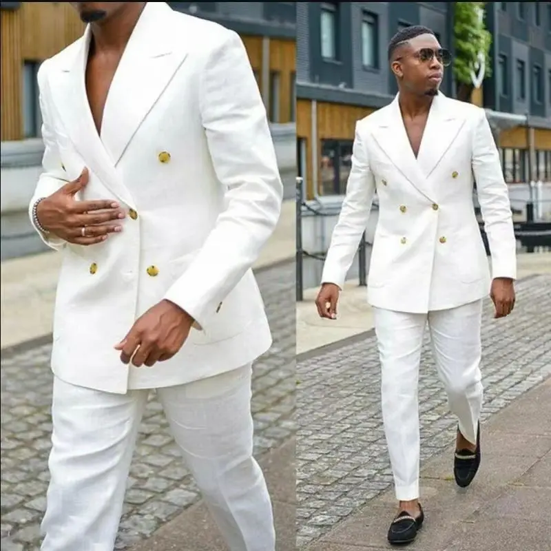 

2 Piece White Men's Suits Groom Wear Double Breasted Peaked Lapel Gold Buttons Formal Party Wedding Tuxedo Suit (Jacket+Pants)