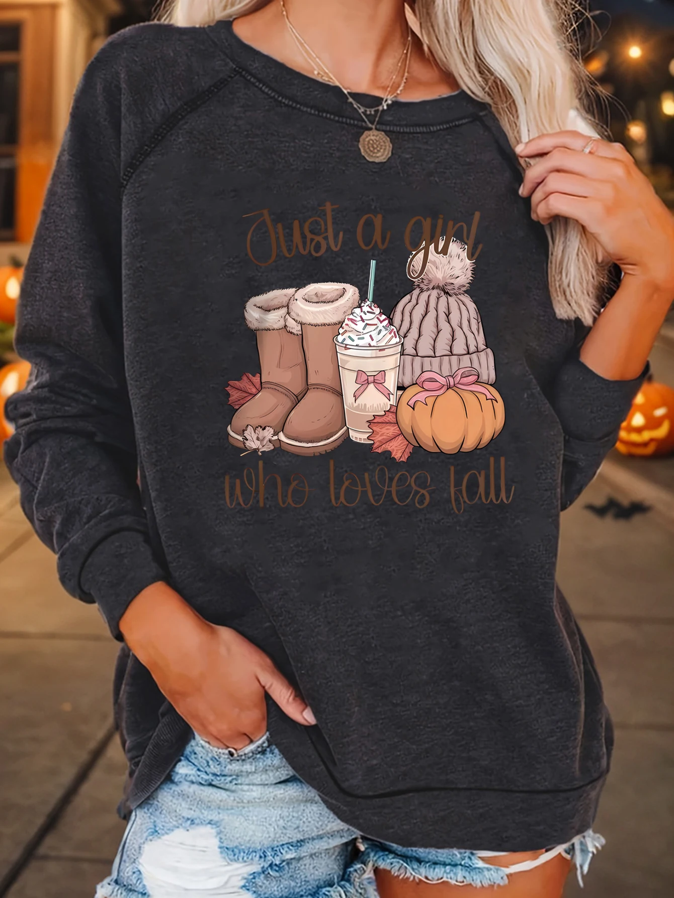

Just a favorite cartoon autumn pattern letter print sweatshirt round neck casual sweatshirt autumn and spring women's wear