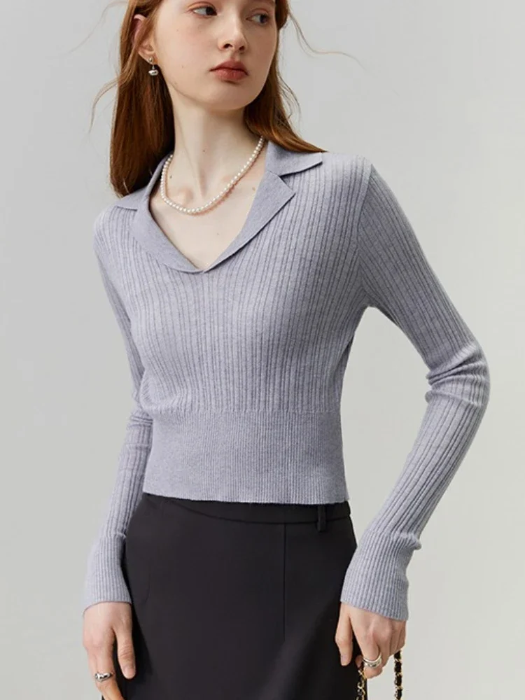 2026 Autumn Winter Women Polo Collar Pullover Long Sleeve Knitted Sweater for Woman Casual Solid Color Knitted Sweaters Crop Top