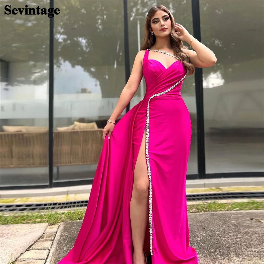 

Sevintage Fashion Fushia Evening Dresses Spaghetti Strap Sequined Pleated Women Prom Dresses High Middle Slit Party Growns 2023