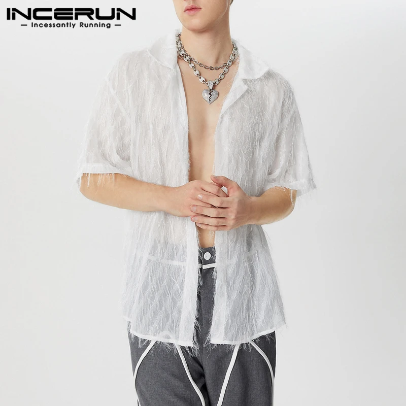 INCERUN Men Shirt Tassel Chiffon Transparent Lapel Short Sleeve Sexy Men Clothing Summer Streetwear 2026 Party Fashion Camisas