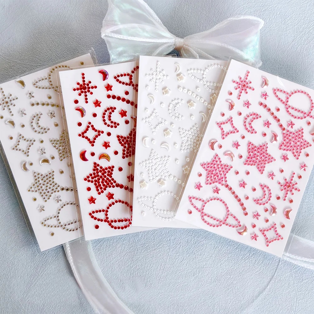 1 ورقة نجمة القمر كوكب الوجه جوهرة ملصقات أحمر وردي فضي واضح ذاتية اللصق بلينغ حجر الراين الوجه الشارات المهرجانات الوجه ديكورا #5