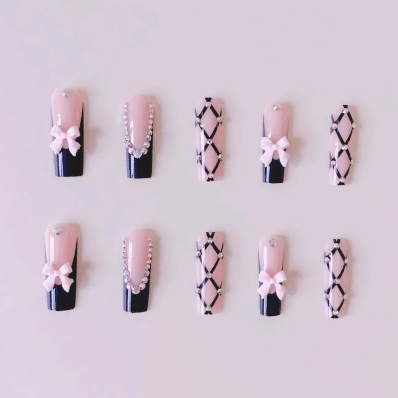 

24PCS Edgy Dark Gothic Press on Nails Medium Coffin French Line Bow Design Fake Nails European American Sweet Spicy False Nails