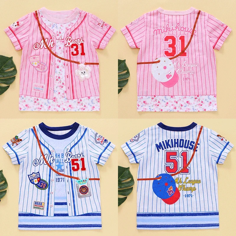 Japanese Summer Boys And Girls Fake Strap Badge Cartoon Bear And Rabbit Embroidery Short-Sleeved T-Shirt Five-Point Pants