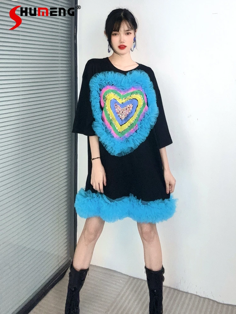 

2024 Summer New Dress Sequined Love Mesh Yarn Splicing Loose Over Size Dresses Short Sleeve Women's Middle Long T-shirt Dresses