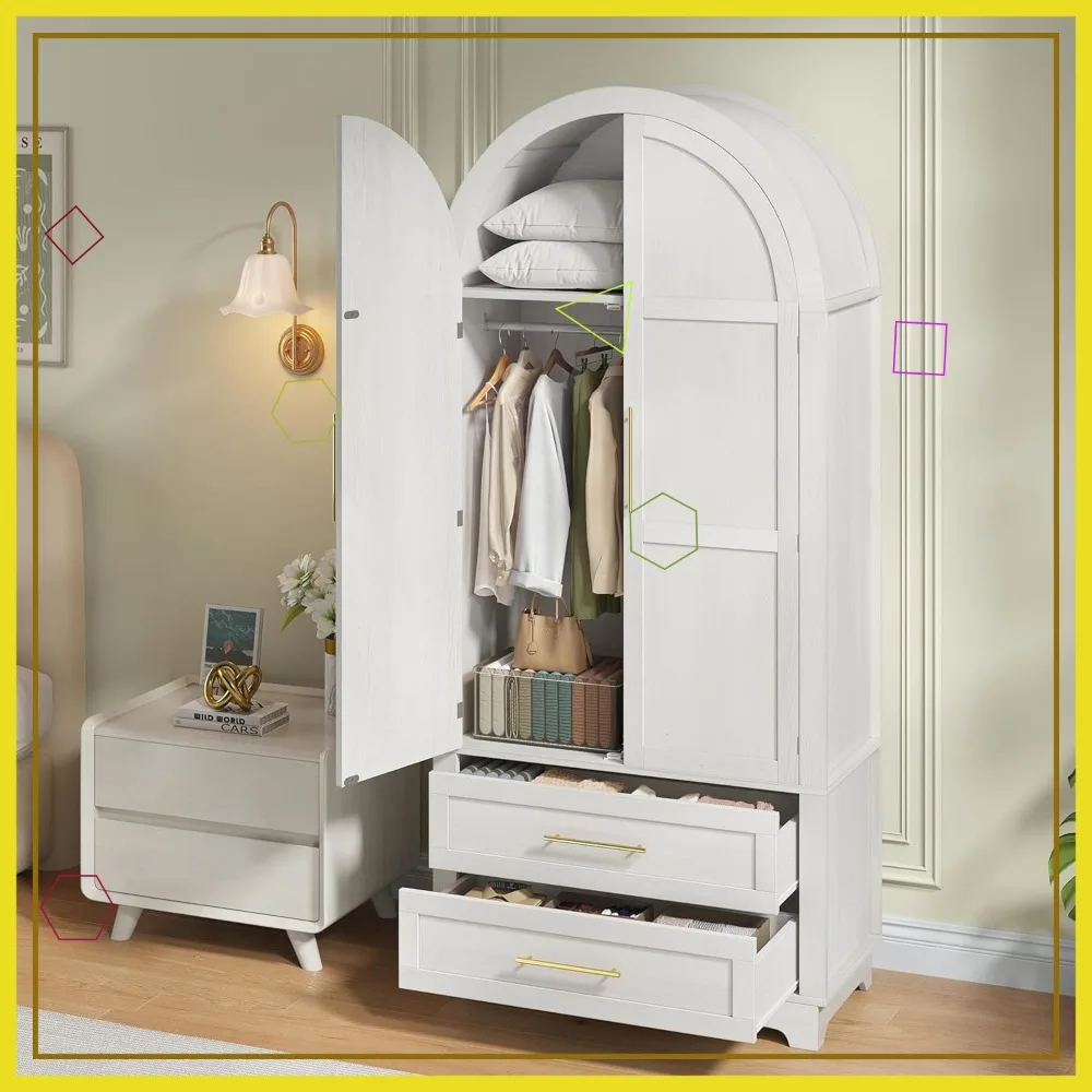 Armario moderno con 2 cajones y puertas arqueadas, armario de madera de 73" de alto para almacenamiento en dormitorio, blanco