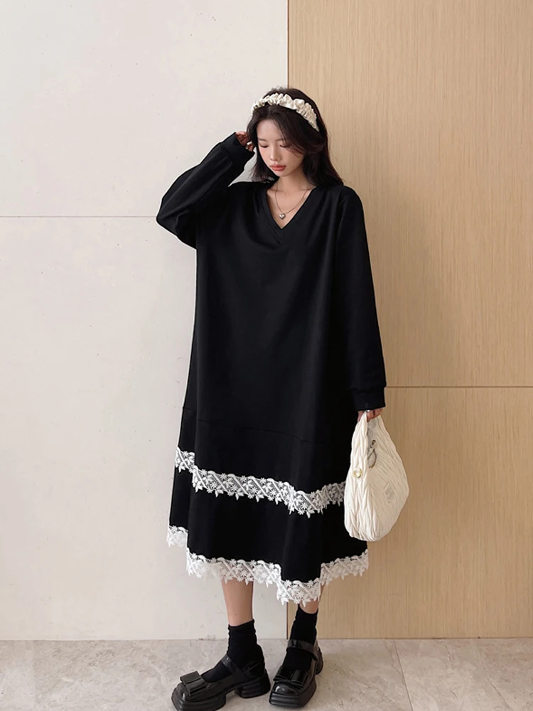 NYFS 2024 Autumn New Korea Woman Dress Vestidos Robe Femme Elbise Loose Plus Size Patchwork Lace Long Dress