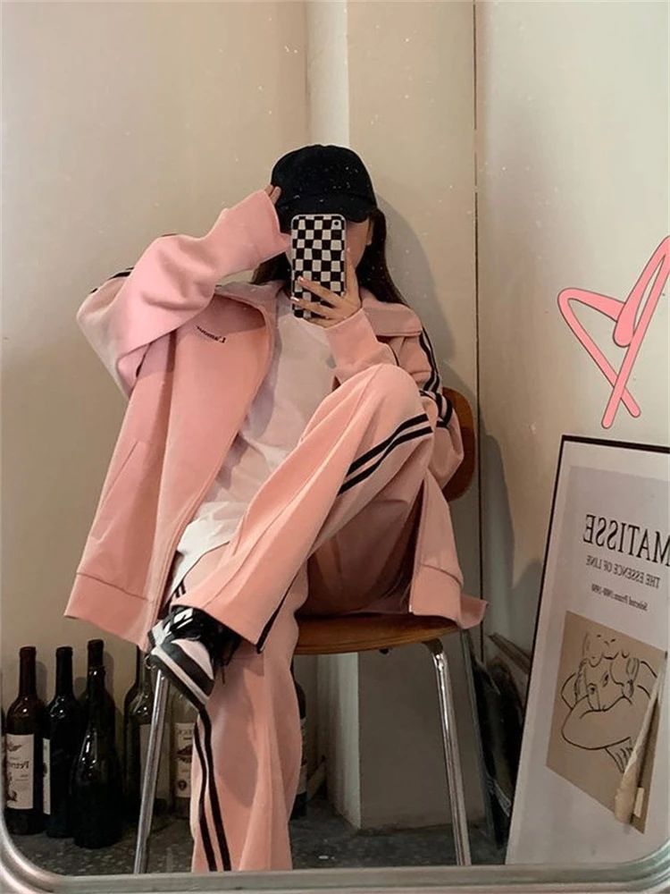 Korean Fashion Jogging Tracksuit Women Y2K Preppy Style Pink Pant Sets Loose Kpop Streetwear Sweatpants Striped Hoodie Autumn