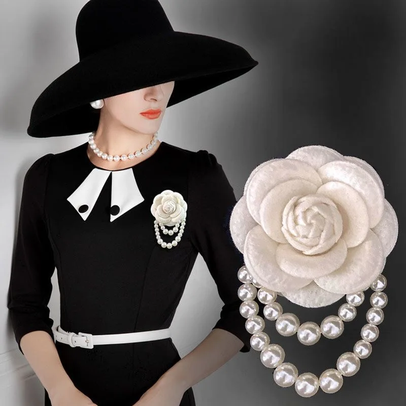 French Retro Camellia Brooch with Pearl Chain - Women's Elegant Fabric Flower Pin for Blazer Dress Accessory