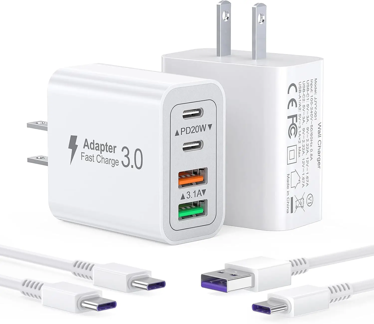 40W PD+QC3.0 wall charger adapters, C-type power brick power plugs with 6FT USB-C to C cable, suitable for iPhone 16/15/14