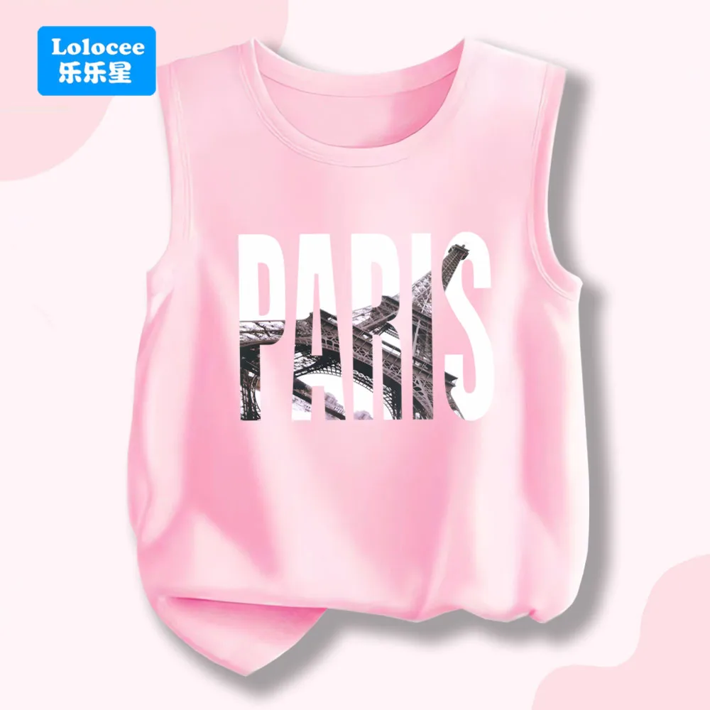 3-14T Letnie dziecięce koszulki bez rękawów z motywem Wieży Eifel z Paryża dla dziewczynek, w cukierkowych kolorach, bawełniane podkoszulki, bluzki bez rękawów, T-shirty BLTBZ1