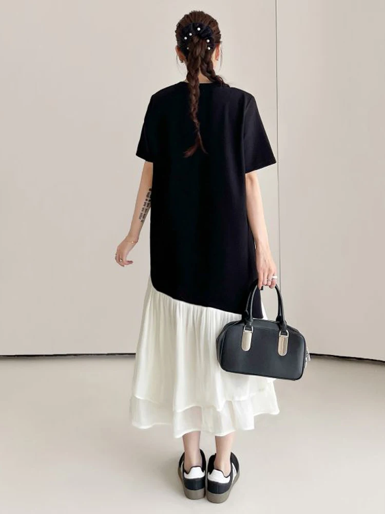 NYFS فستان صيفي 2025 كوريا نمط المرأة فضفاضة حجم كبير كم قصير غير النظامية المرقعة الغزل هيم فستان طويل رداء Elbise #6