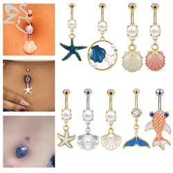 ZS 1PC 14G 316L Stainless Steel Belly Button Ring For Women Girls Pearl  Shell Fish Dangle Navel Piercing Summer Body Jewelry