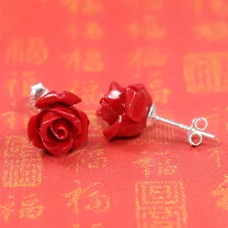 Fashion Celebrate Good Luck Red in China roses Coral stone stud earrings S925 Sterling silver jewelry For Women