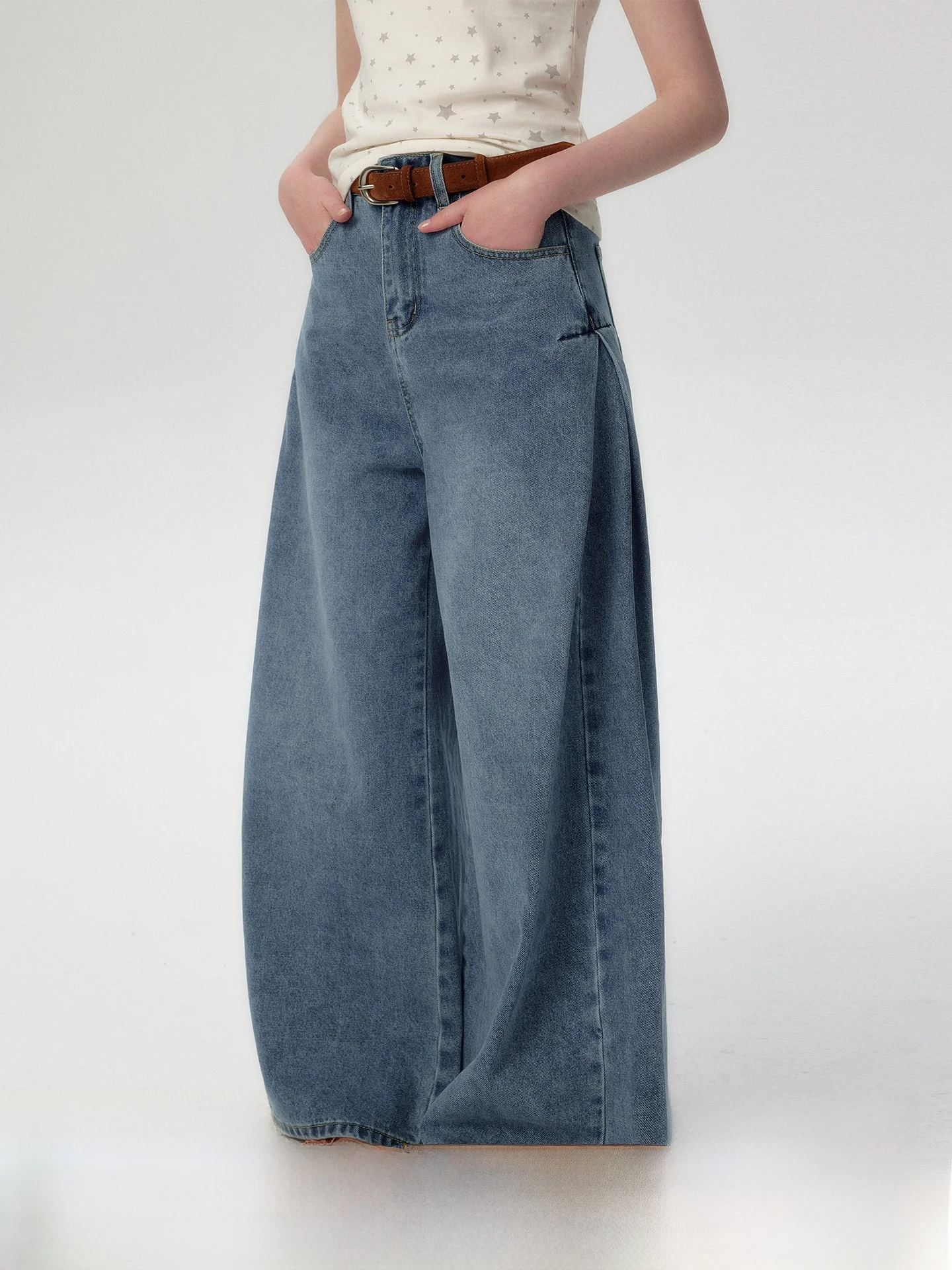 plus Blue Wide Leg Denim Jeans Women's Loose Pleated Floor-Length Straight Cut Trousers Spring Autumn High Waist Cotton