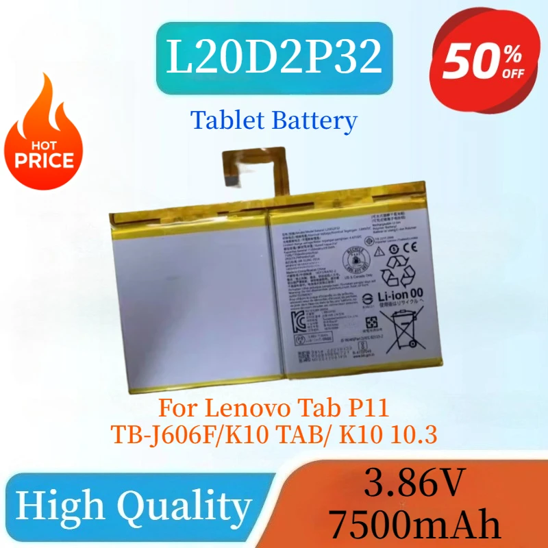 100% New L20D2P32 Battery 3.86V 7500mAh For Lenovo Tab P11 TB-J606F/K10 TAB/ K10 10.3 Battery + Free Tools