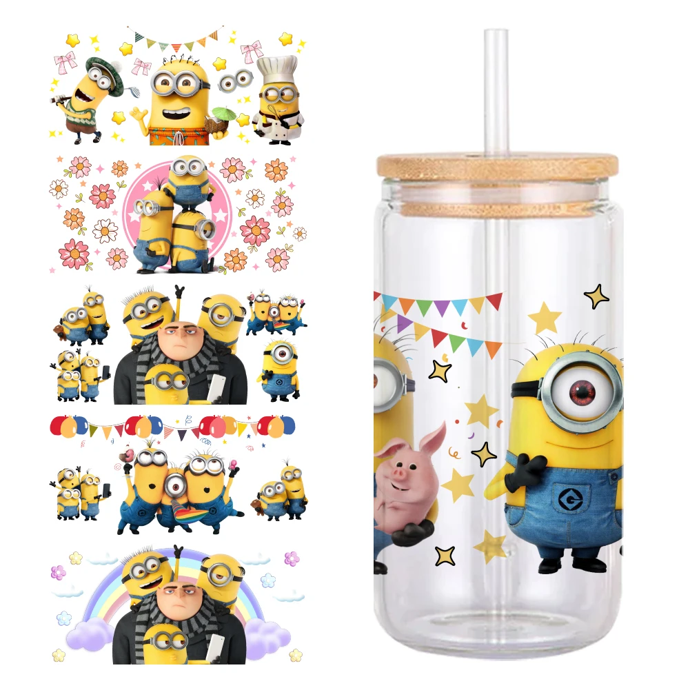 Minions Design UV DTF Printed Wrap Sticker for Cup Glass Can Waterproof 11x24cm 16oz Sticker