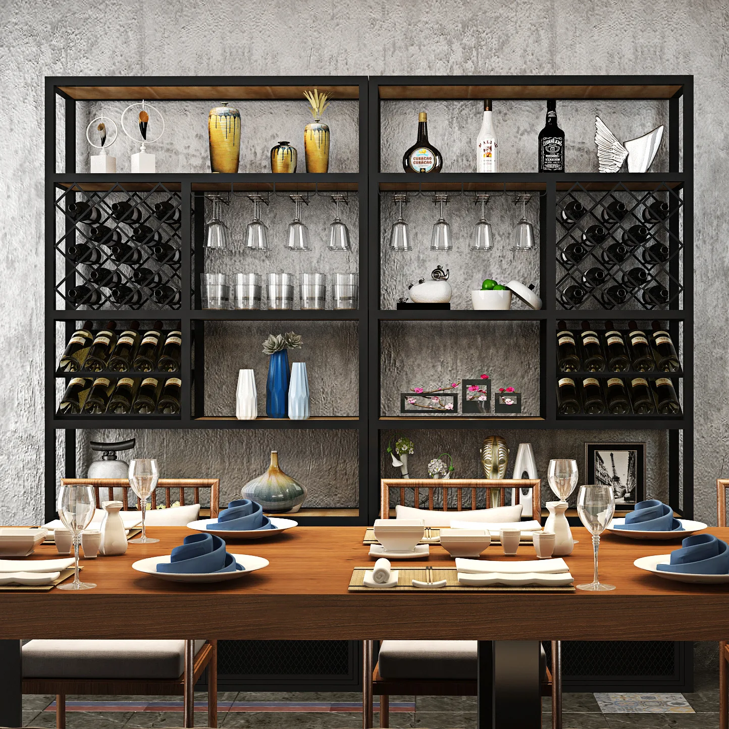 

Winery restaurant iron art wine rack, bar cabinet, minimalist red display shelf, floor standing wine glass storage