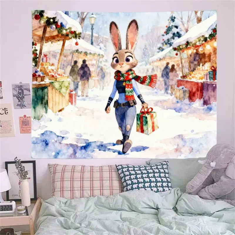 ผ้าแขวนผนังลายซูโทเปีย จูดี้ ฮอปส์ สำหรับคริสต์มาส 1 ชิ้น งานศิลปะสีน้ำสำหรับตกแต่งผนังในช่วงวันหยุดฤดูหนาว ของตกแต่งห้องลายตลาดหิมะในเทศกาล ของขวัญ