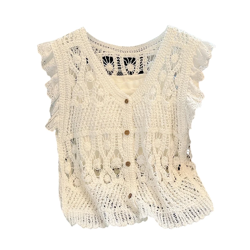 French Crochet Hollow Knit Sweater Vest +Spaghetti Strap Camisole  Women Spring Summer New Elegant Ruffled V-neck Cardigan 2pcs