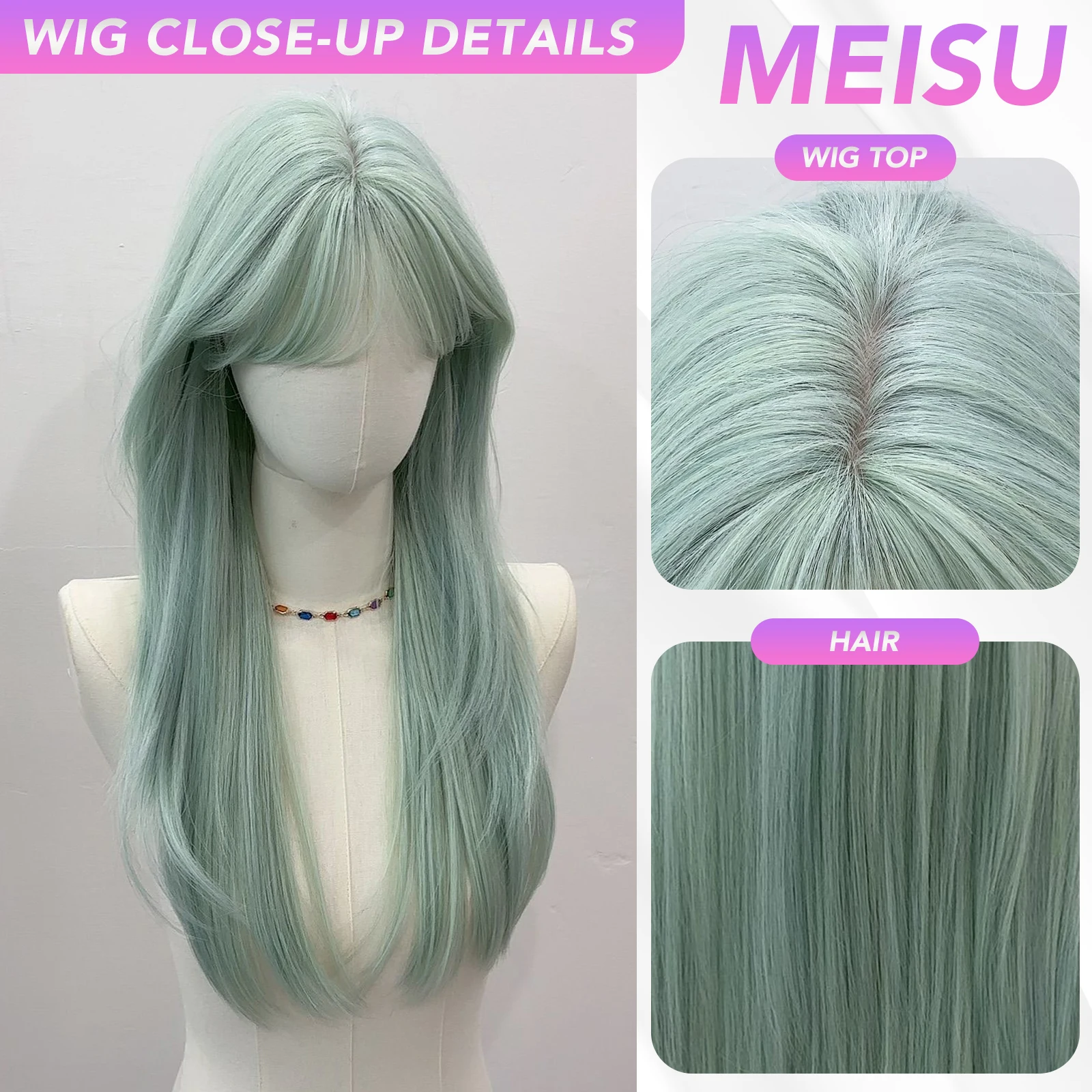 MEISU 24 Inch Long Straight Synthetic Wig Layered Mint Green Heat-Resistant Natural Smooth Hair Stylish Party For Women