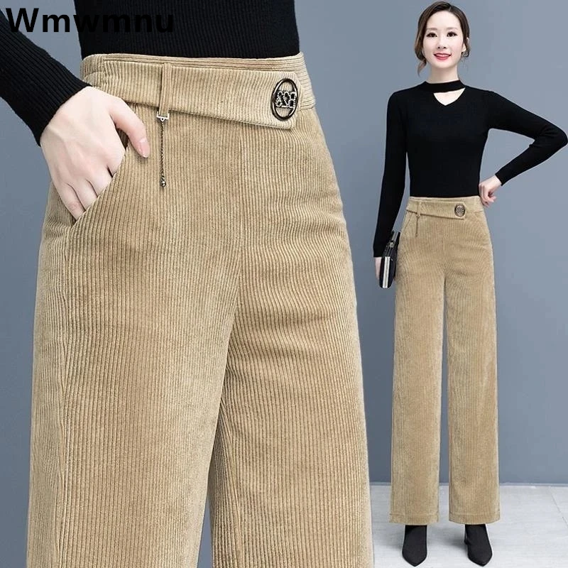 

New Corduroy Wide Leg Ankle-length Pants For Women High Waist Oversized 4xl Baggy Trousers Straight Spodnie Casual Pantalones