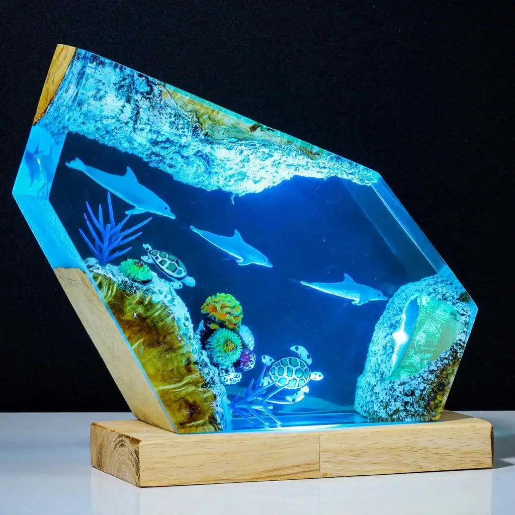 Creative Marine Organism Epoxy Resin Lamp Dolphin Turtle Resin Wood Night Light Home Decoration Gift Resin Ornament