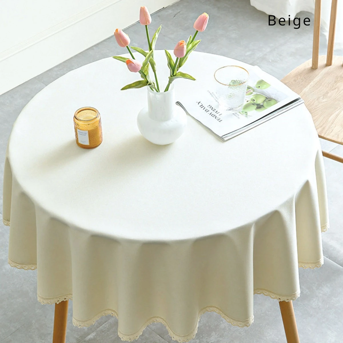1pc Waterproof and Oil-Proof Round Table Cloth with Lace Edge,Nordic Style Solid Color Linen Table Cover for Easy Cleaning
